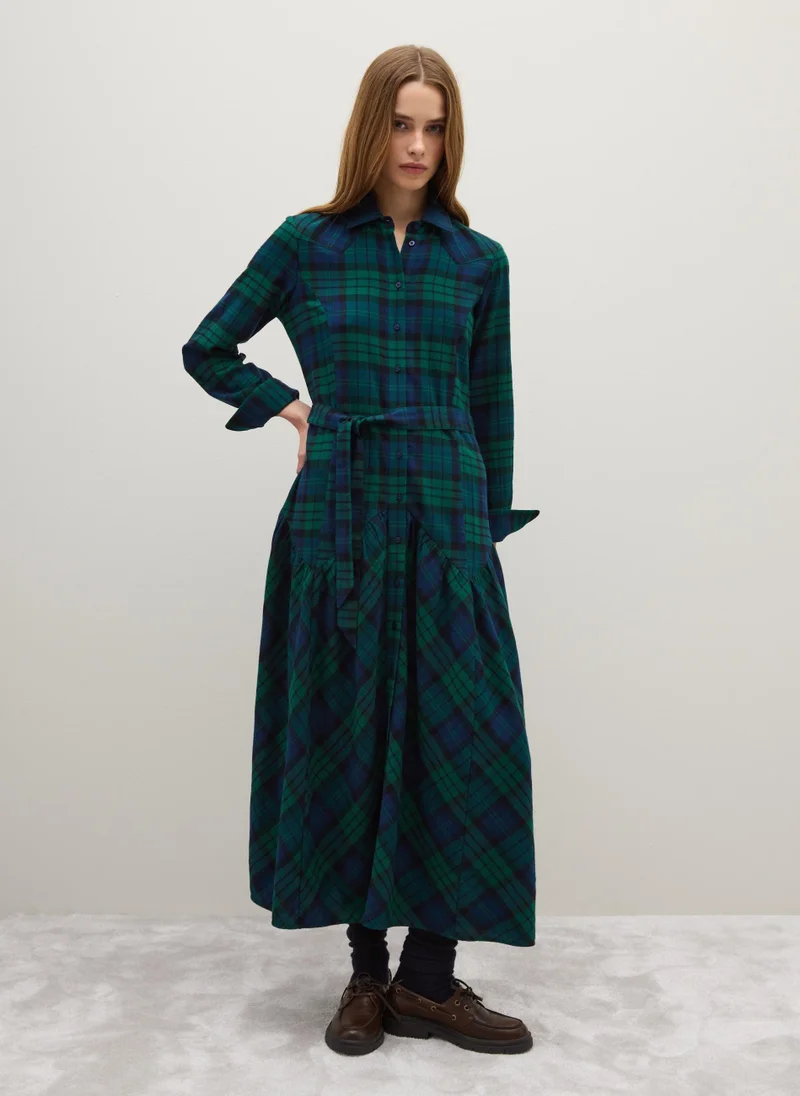 او في اس OVS Long Dress In Pure Cotton With Regular Fit Multicolour Checks